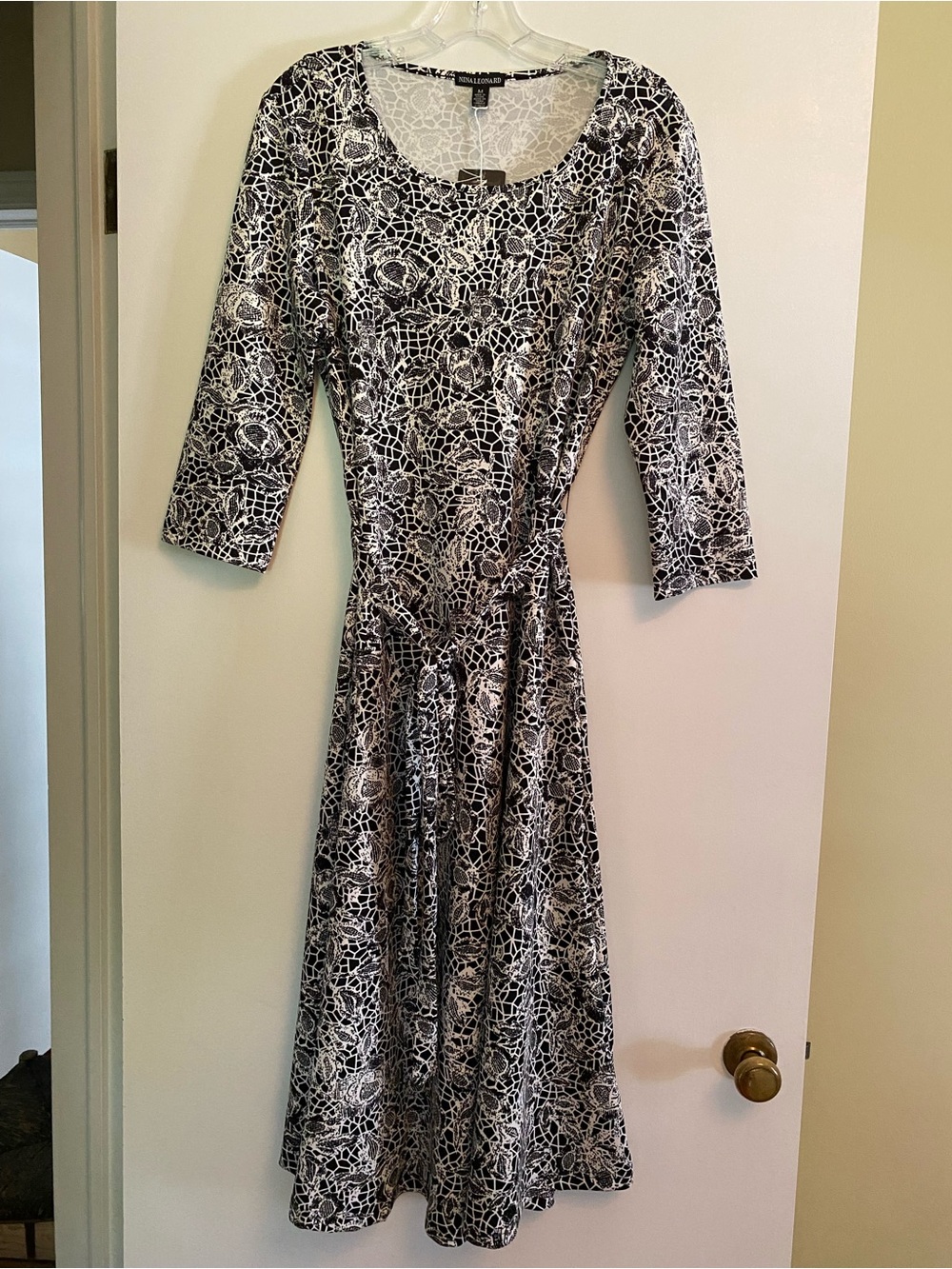Nina Leonard Black and White Long Sleeve Printed Fit-and-Flare Dress